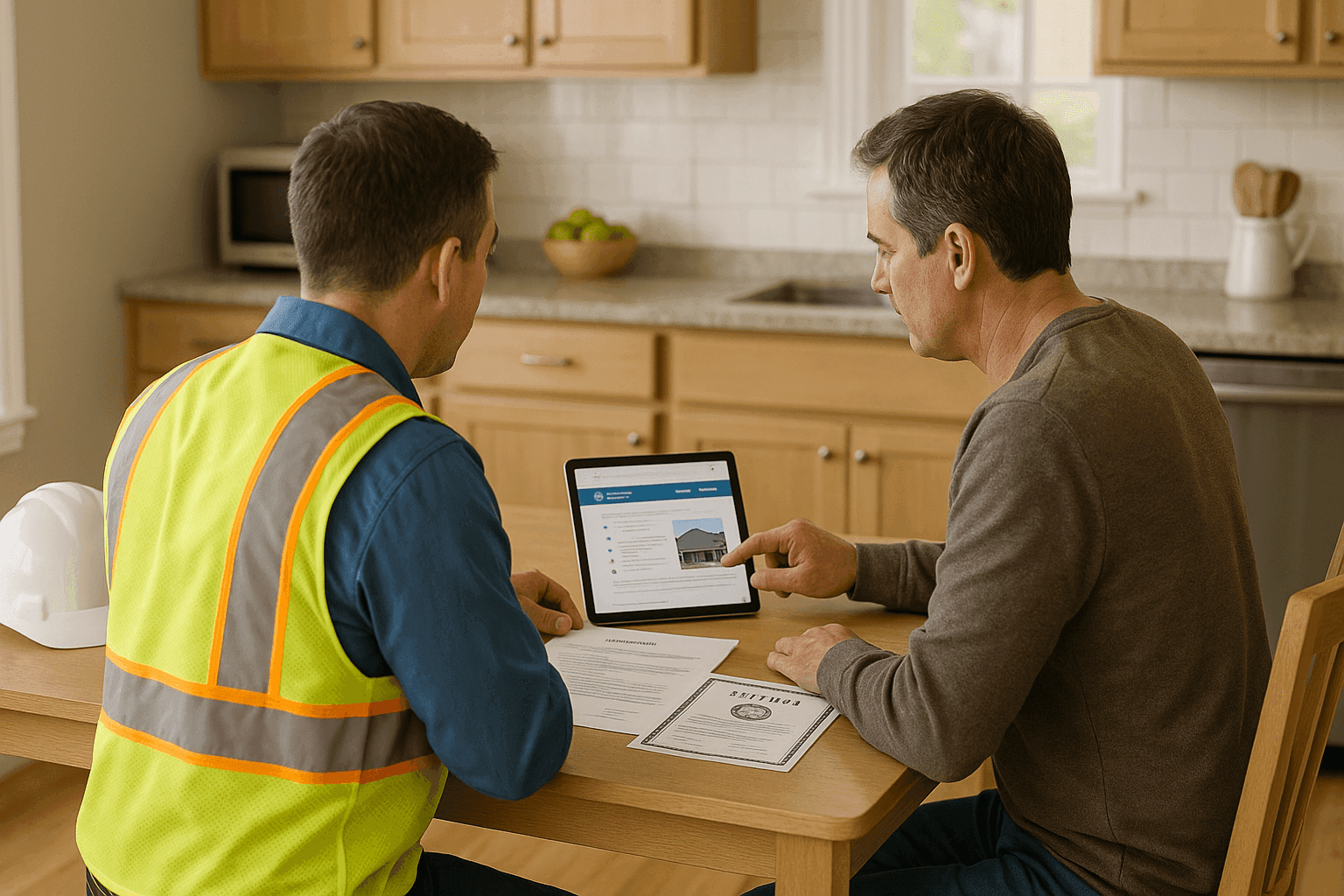 Homeowner reviewing credentials with roofing contractor