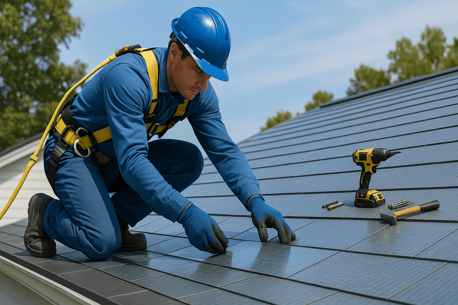 Installer placing solar reflective roof panels