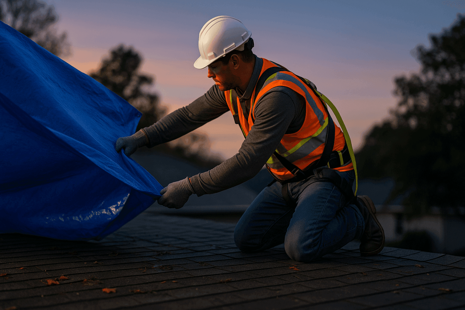 Technician securing tarp on storm-damaged roof at dusk