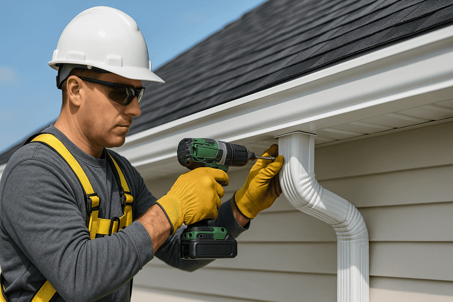 Technician installing new gutters and downspouts