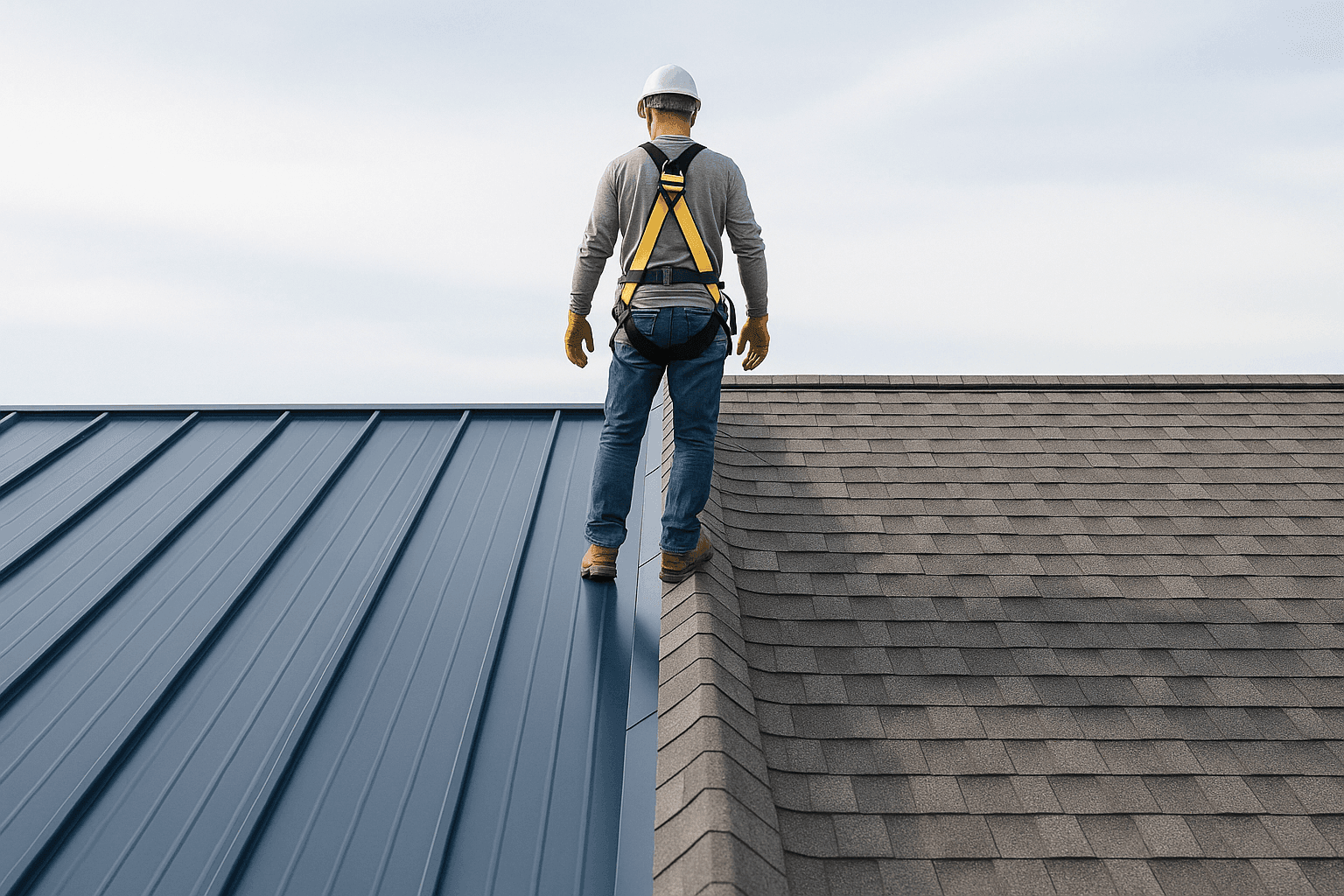 Side-by-side view of metal and shingle roofing materials