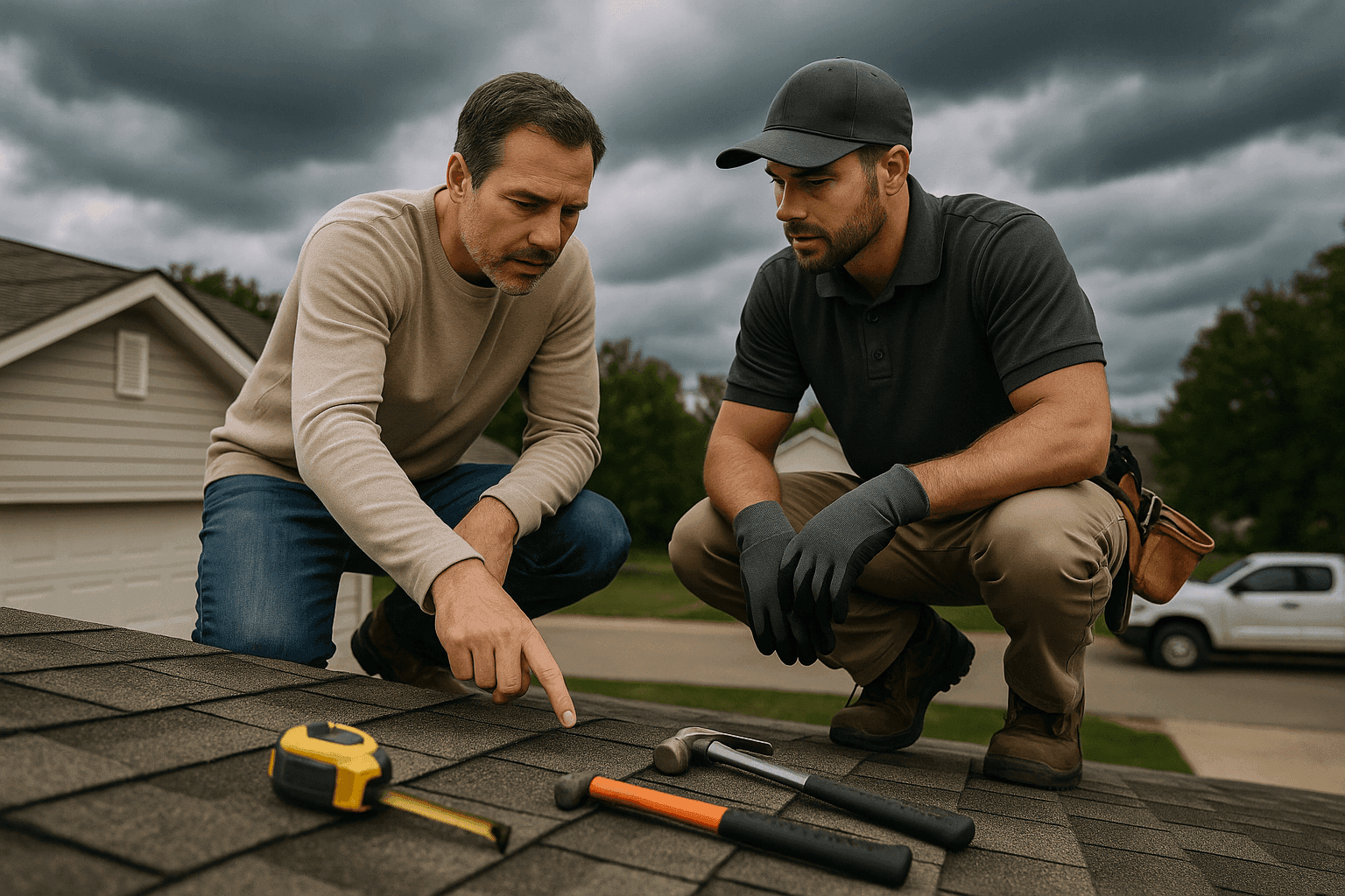 Homeowner and roofing expert inspecting roof before severe weather