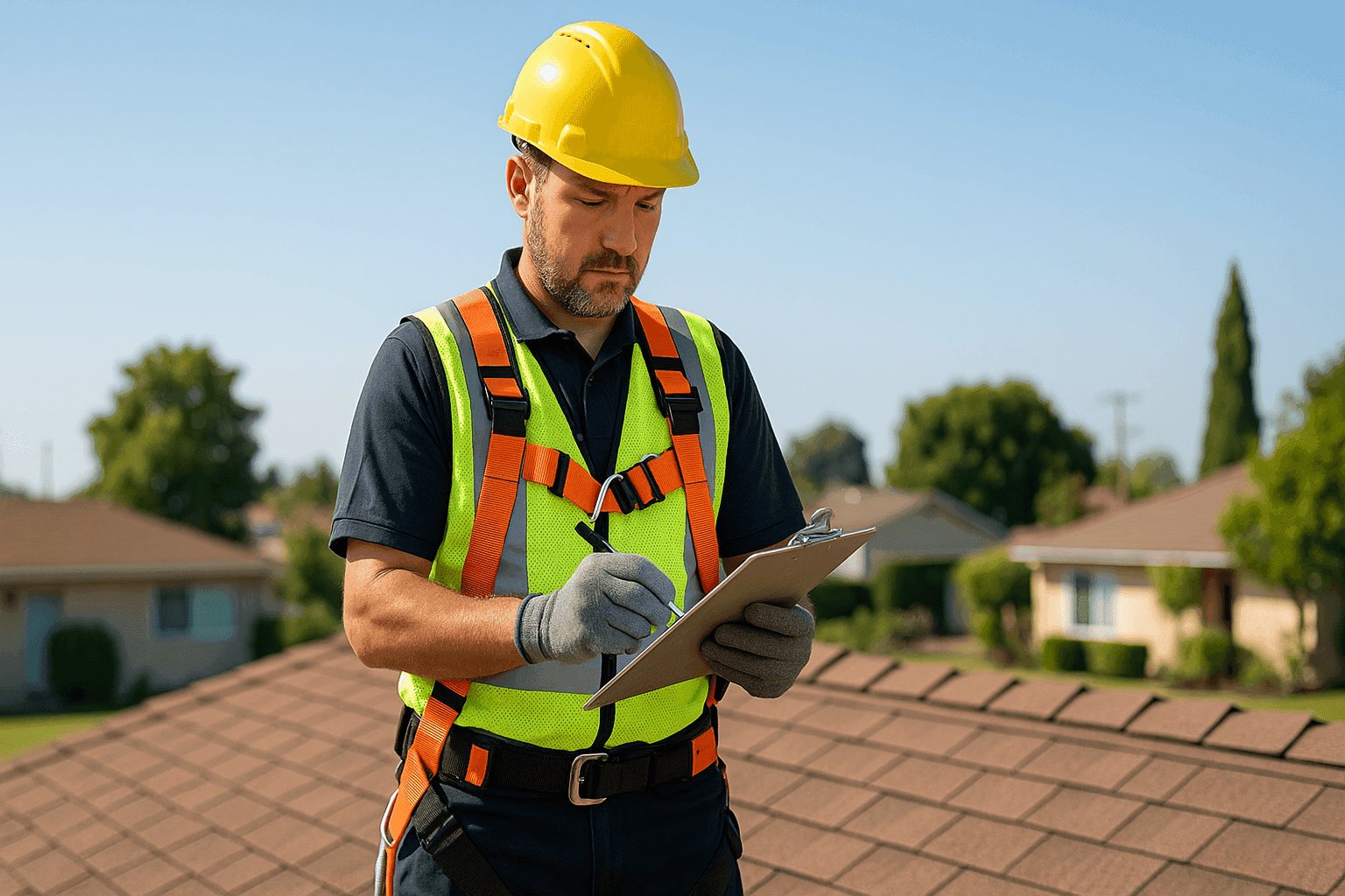 Roofer checking roof with seasonal maintenance checklist