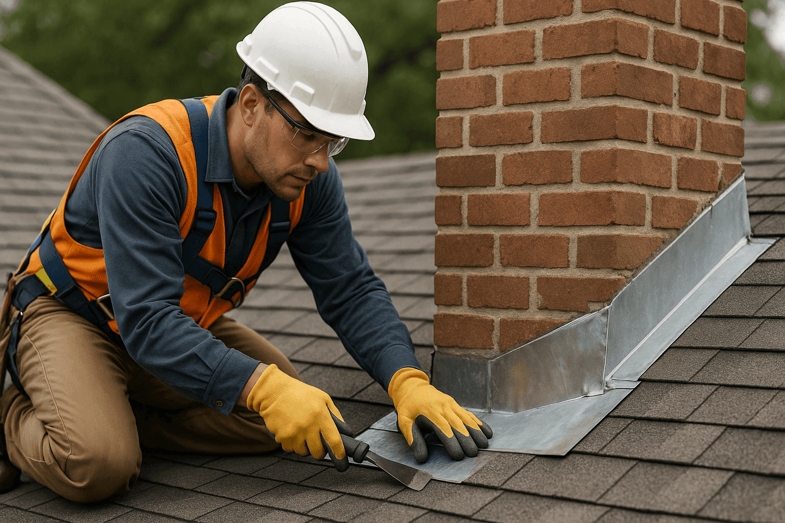 Technician repairing metal roof flashing at chimney