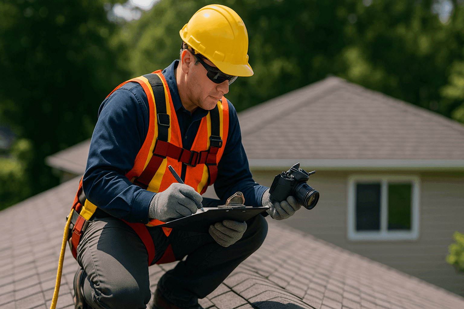 Roofing inspector examining roof with checklist and camera