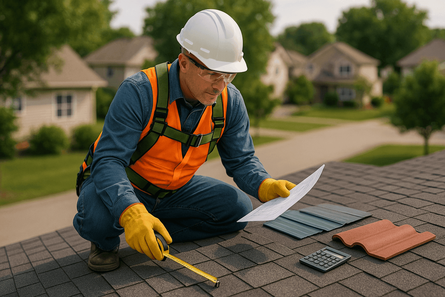 Roofer measuring roof for replacement with calculator and plans