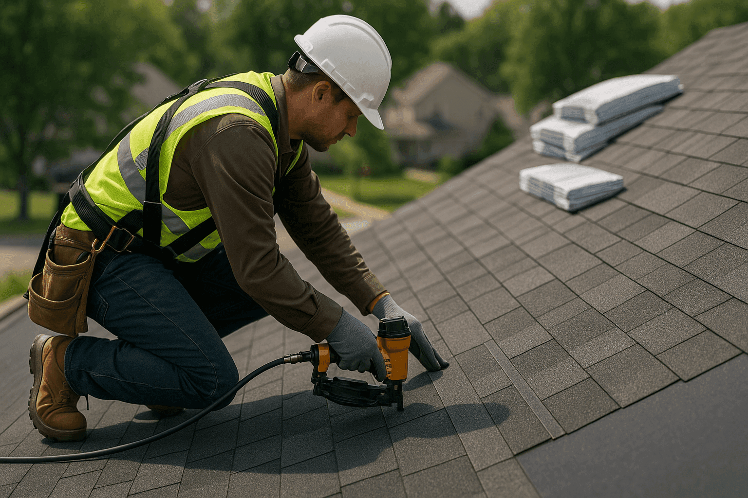 Close-up of new shingle roof being installed