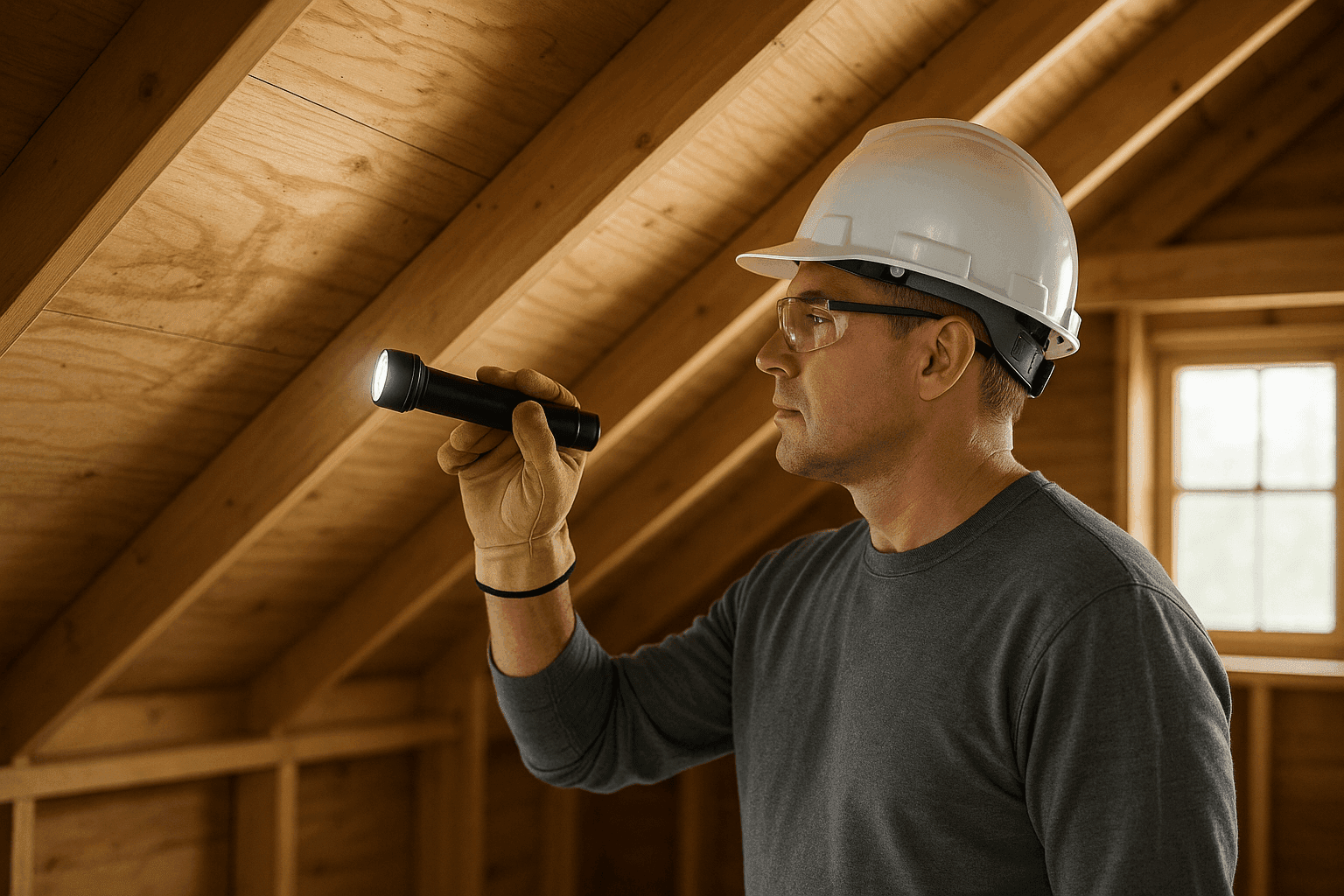 Homeowner inspecting attic for roof leak signs
