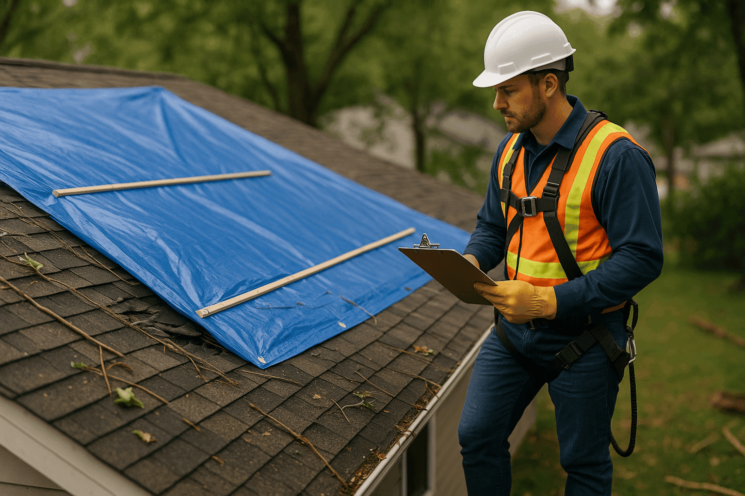 Damaged roof with emergency tarp after storm