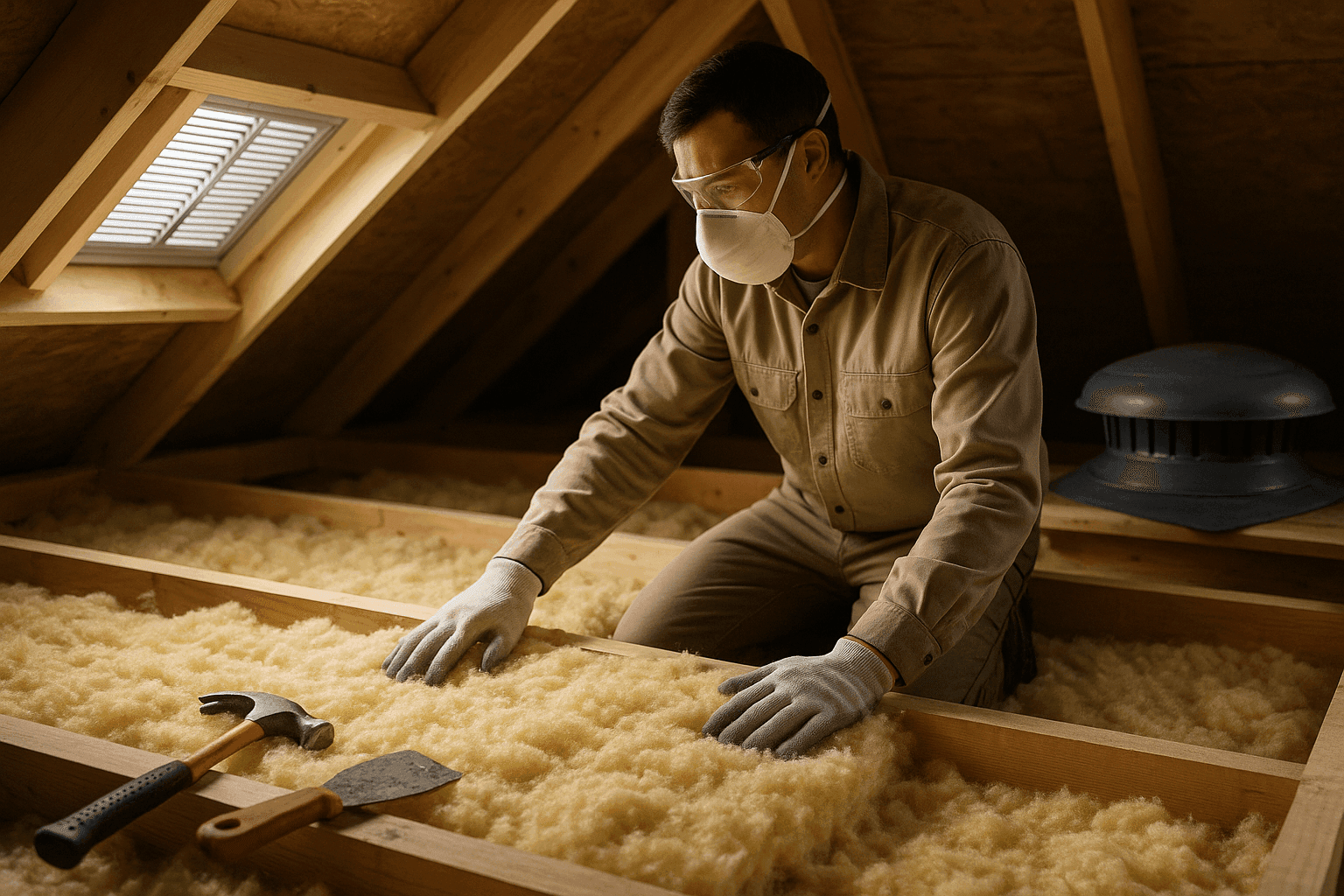 Attic with roof ventilation vents and insulation materials installed