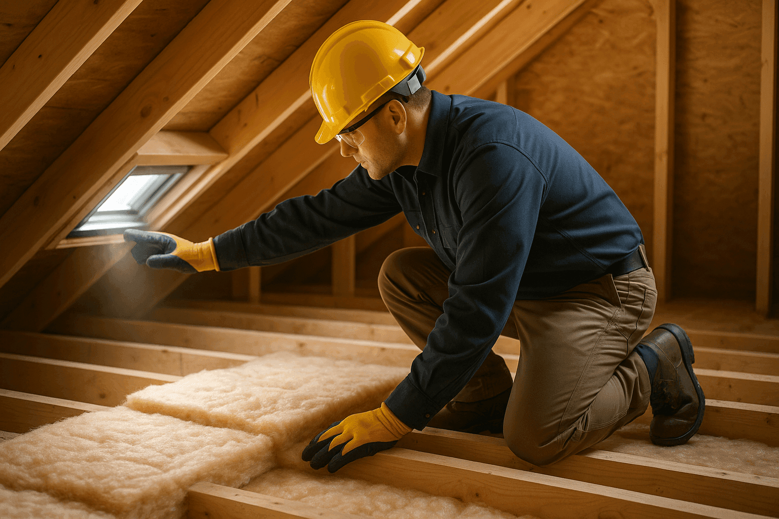 Technician installing attic insulation and roof vents