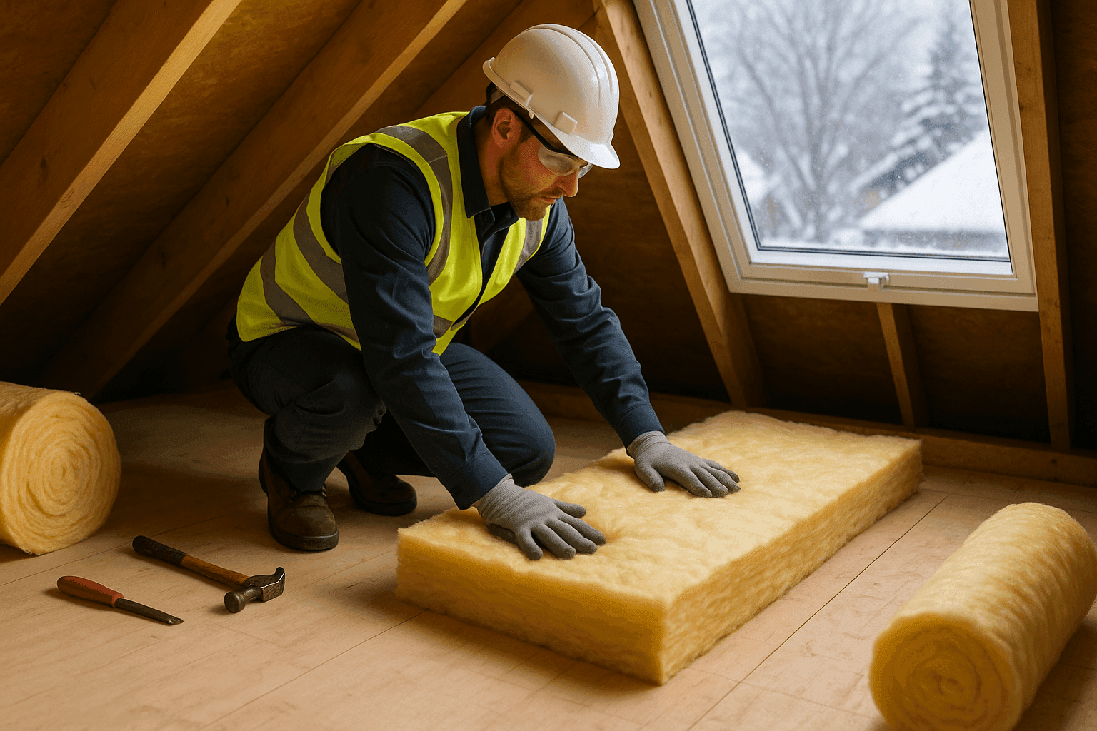 Roofer insulating attic to prevent ice dams in winter